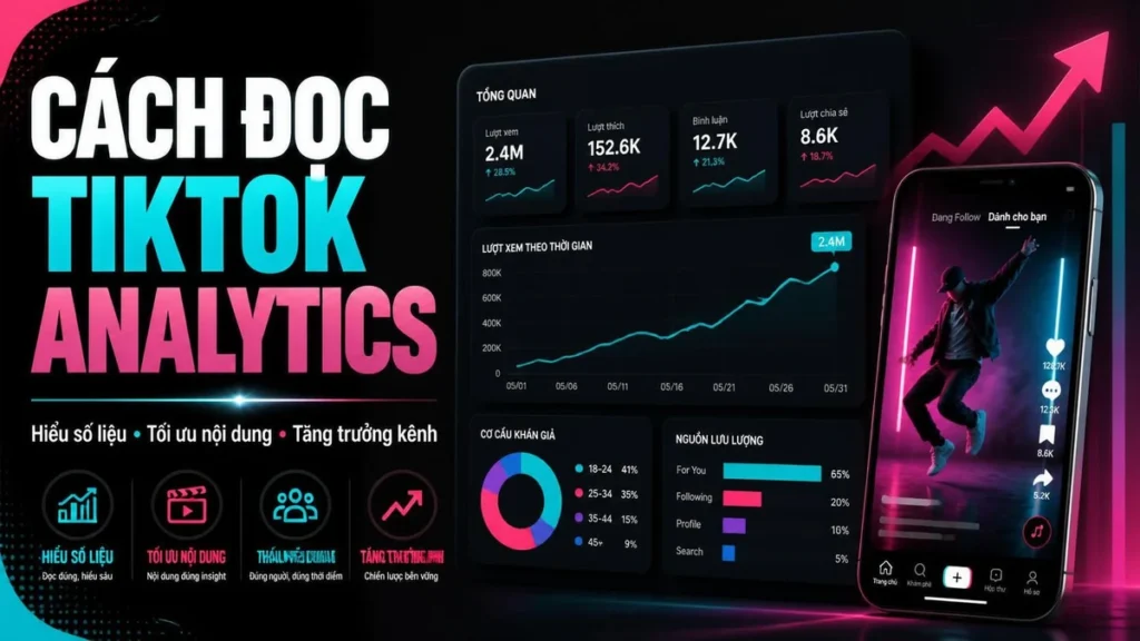 Bảng TikTok Analytics với lượt xem, tương tác, nguồn lưu lượng và biểu đồ khán giả.