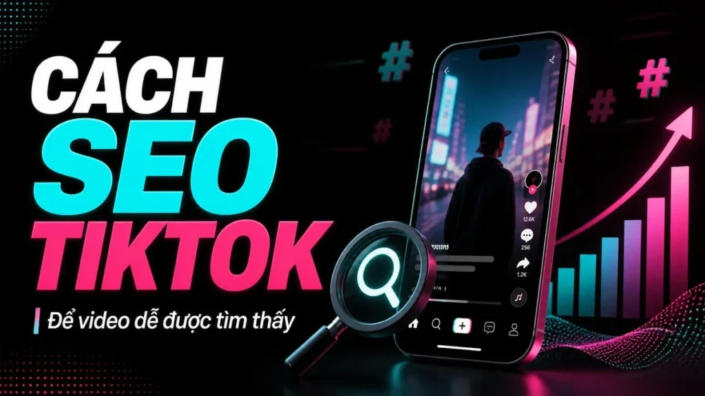 Điện thoại TikTok, biểu tượng tìm kiếm và biểu đồ tăng trưởng nội dung.