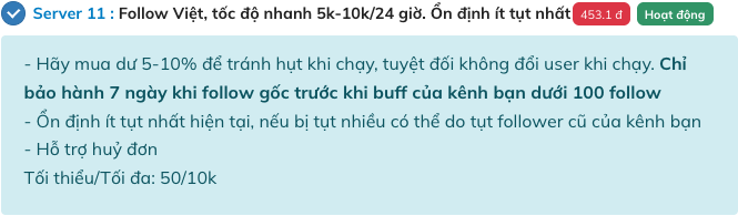 Mô tả và điều kiện bảo hành của một server follow TikTok