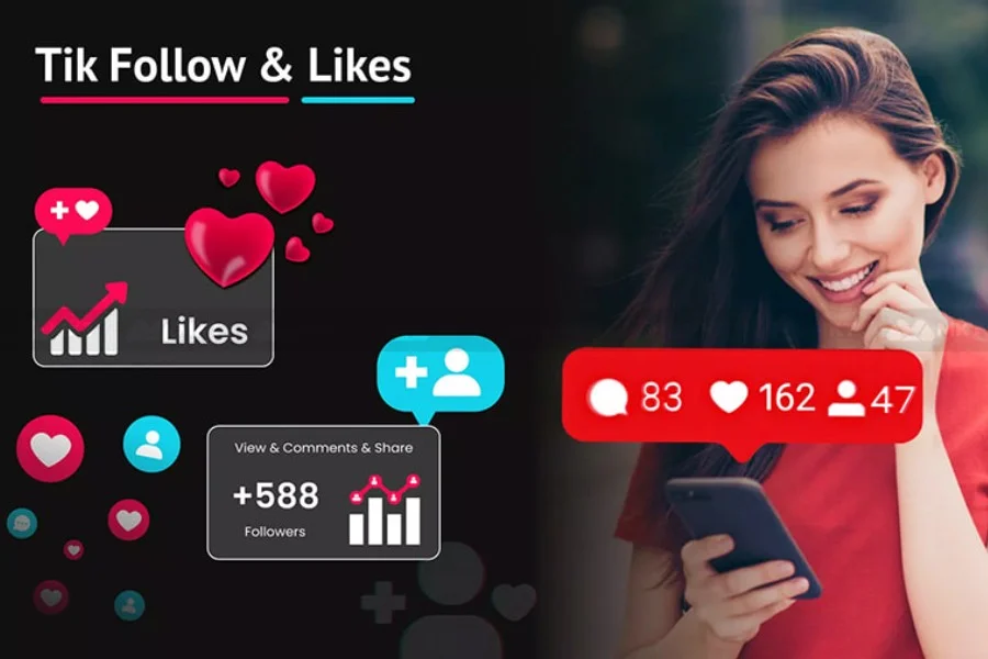 Người dùng điện thoại bên cạnh biểu tượng follow và like TikTok