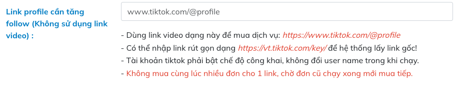 Ô nhập link hồ sơ TikTok trên form Buff Follow 360
