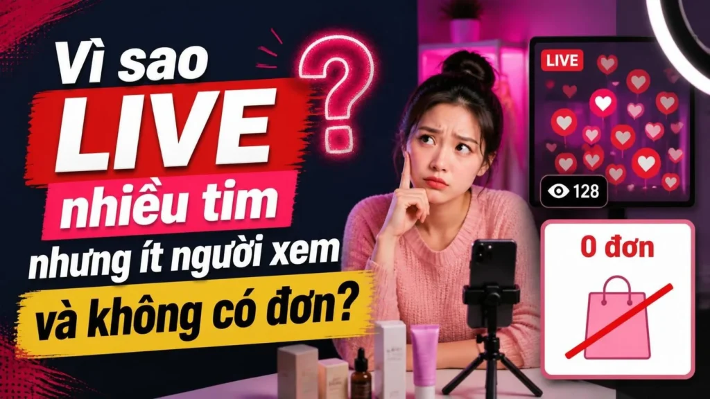 Livestream nhiều tim nhưng ít người xem và không có đơn hàng, màn hình LIVE đầy tim bên cạnh bảng 0 đơn và túi hàng bị gạch