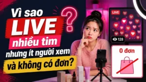 Livestream nhiều tim nhưng ít người xem và không có đơn hàng, màn hình LIVE đầy tim bên cạnh bảng 0 đơn và túi hàng bị gạch