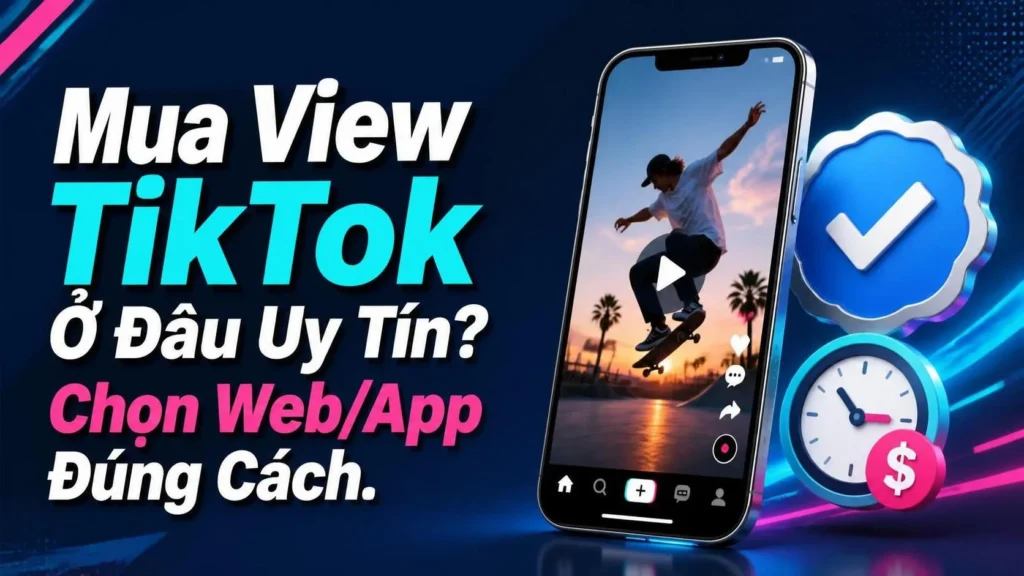 Mua view TikTok ở đâu uy tín, điện thoại đang xem video TikTok kèm huy hiệu dấu tick uy tín và đồng hồ báo giá