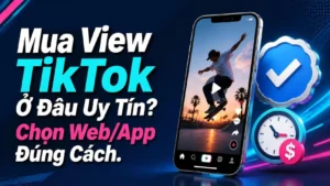 Mua view TikTok ở đâu uy tín, điện thoại đang xem video TikTok kèm huy hiệu dấu tick uy tín và đồng hồ báo giá