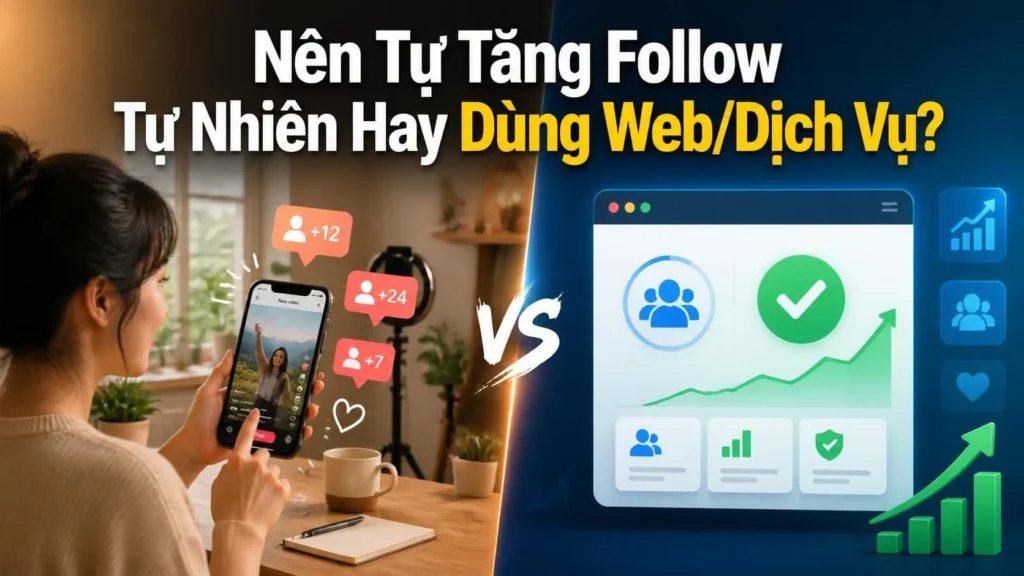 So sánh tăng follow tự nhiên với dùng web dịch vụ, bên trái là người dùng đăng video nhận follow, bên phải là bảng điều khiển dịch vụ có dấu tick
