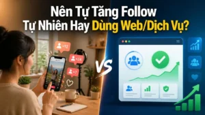 So sánh tăng follow tự nhiên với dùng web dịch vụ, bên trái là người dùng đăng video nhận follow, bên phải là bảng điều khiển dịch vụ có dấu tick