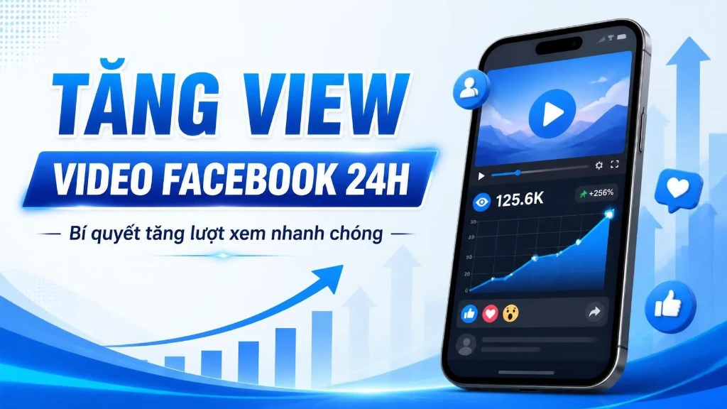 Banner tăng view video Facebook với biểu đồ tăng trưởng 1256K view