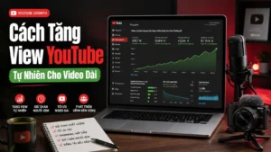 Màn hình laptop hiển thị YouTube Analytics với biểu đồ tăng trưởng view tự nhiên, micro và camera quay video