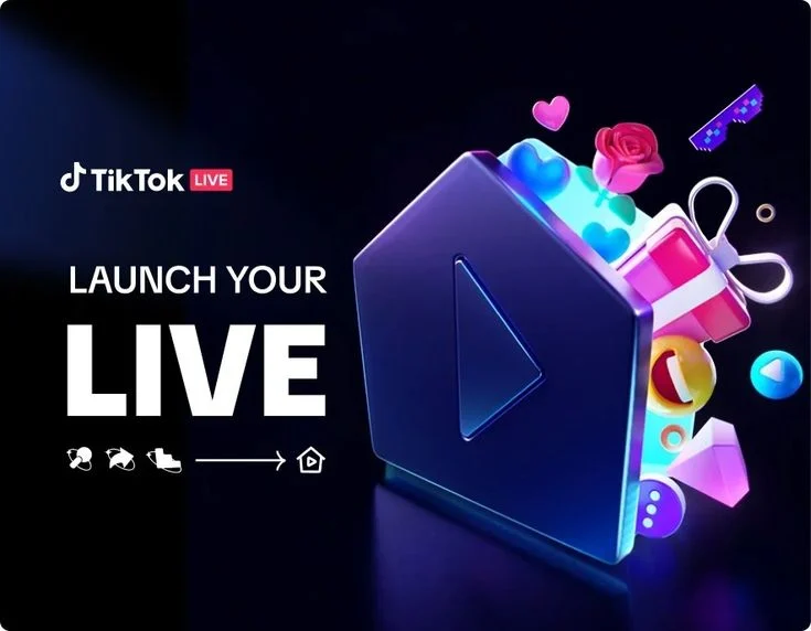Thiết kế TikTok LIVE với dòng chữ Launch Your LIVE trên nền tím đen